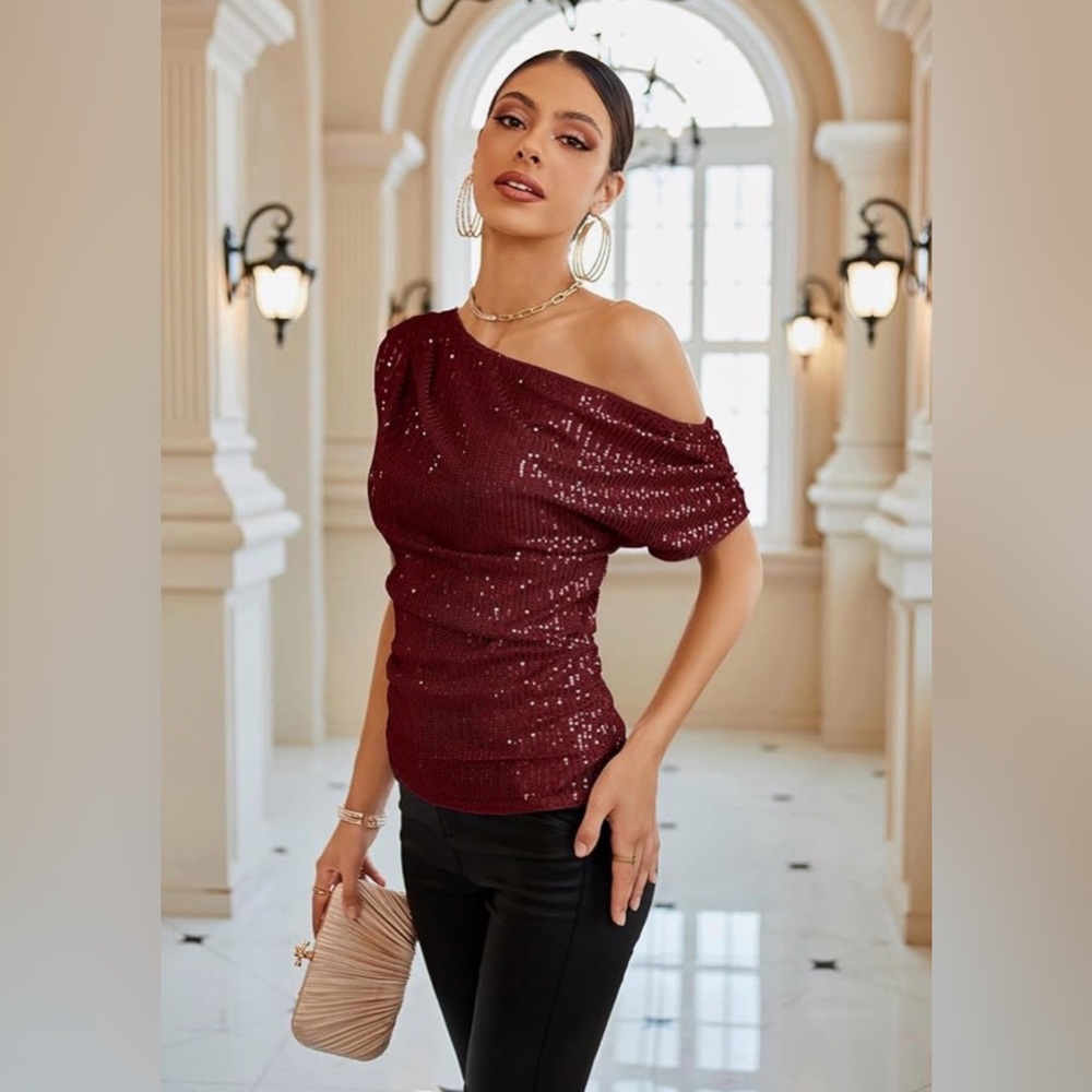 Grace Karin One-Shoulder Sequin Top in Burgundy (Slim Fit)